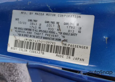 2004 Mazda Mazda3 S z USA, uszkodzony, nr VIN JM1BK143541109793